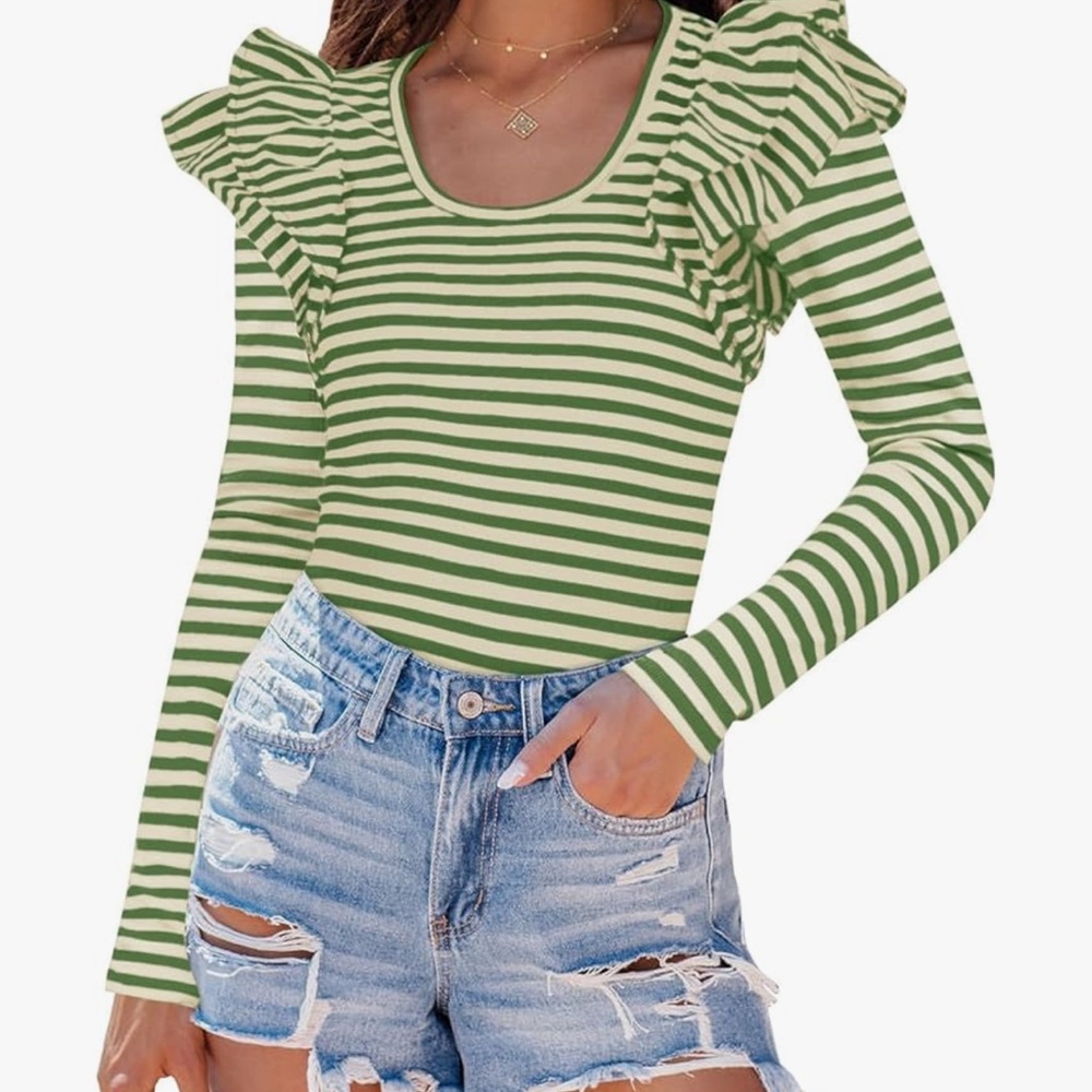 Zesica Ruffle Long Sleeve Scoop Neck Striped Shirt